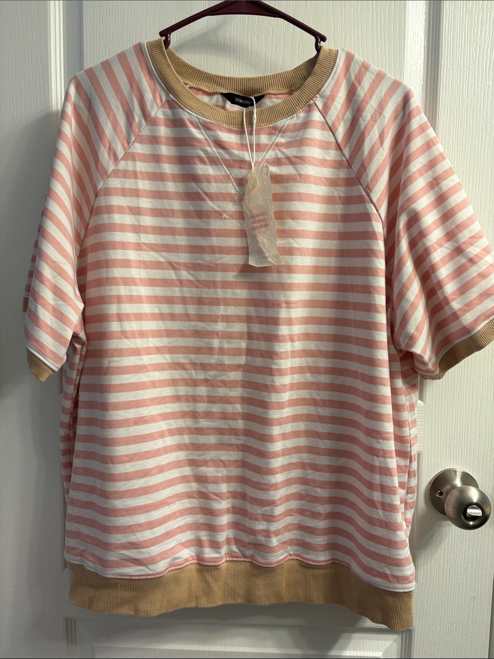 Dokotoo Striped Pink & White Short-Sleeve Sweatshirt with Tan Trim
